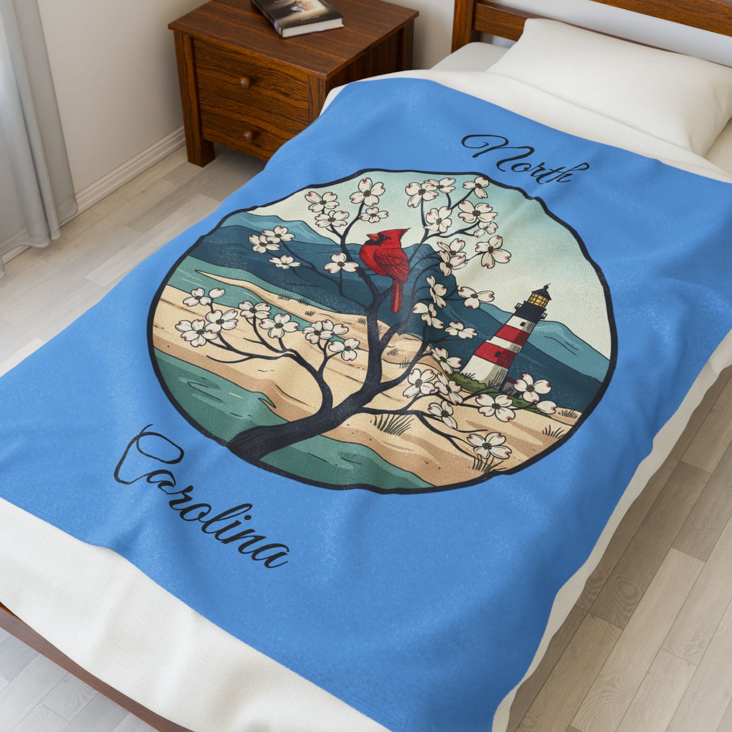 Velveteen Blanket — North Carolina Cardinal & Lighthouse Coastal Throw