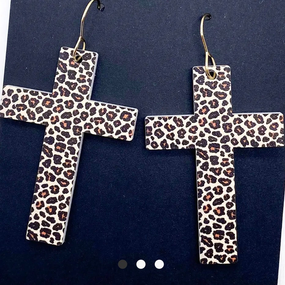 Cross Animal Print Acrylic Earrings