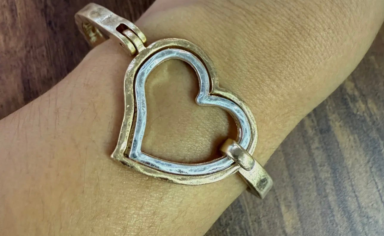 Mixed Metal Heart Cuff Bracelet -Silver/Gold