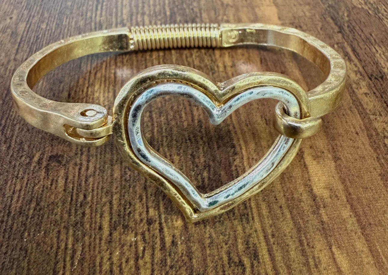 Mixed Metal Heart Cuff Bracelet -Silver/Gold
